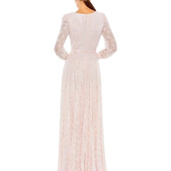 NWT | Mac Duggal 93679 Beaded Lace Long Sleeve Wrap Over Gown Light Rose 6 -$798 - Picture 3 of 11
